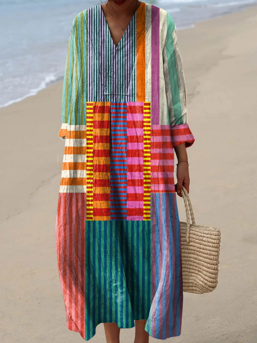 Vestido Feminino com Estampa Artística Vintage de Padrão Geométrico