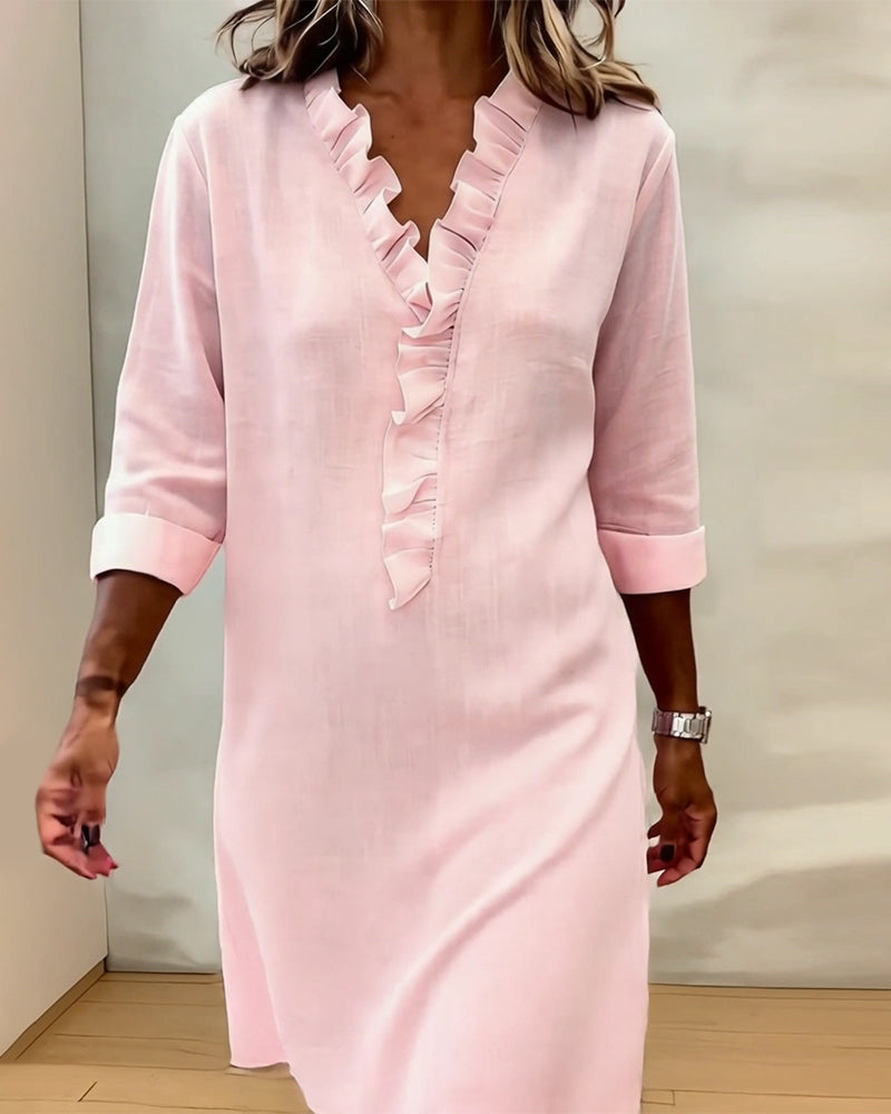Vestido de Cor Sólida com Decote em V e Babados