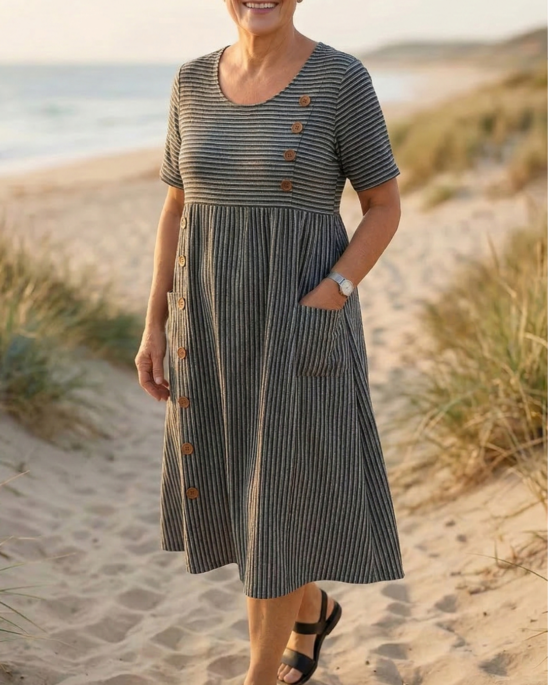 Brienne | Vestido Midi Listrado  Conforto Sem Esforço, Confiança Diária