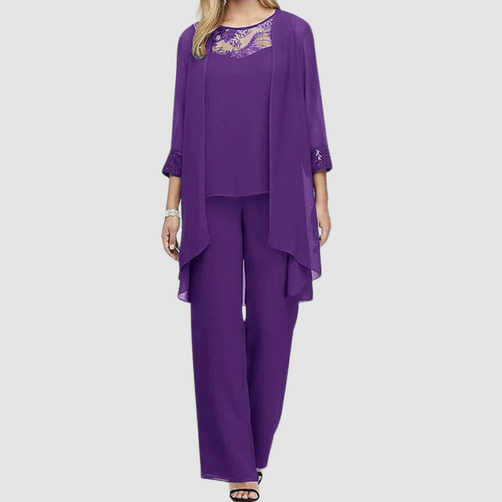 Conjunto Elegante Iva de Três Peças | Blusa, Jaqueta e Calças Coordenadas