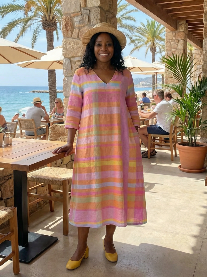 Tessa | Vestido Midi Listrado com Drapeado Fácil