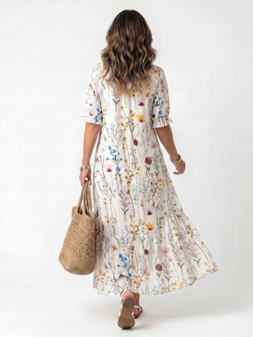 Sylvie | Vestido Midi com Estampa Botânica e Amarração com Tassel