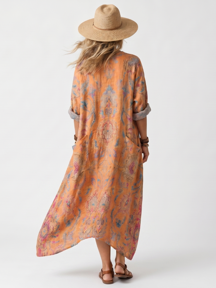 Remi | Vestido Midi Estampado com Decote em V, Bolso Oversized