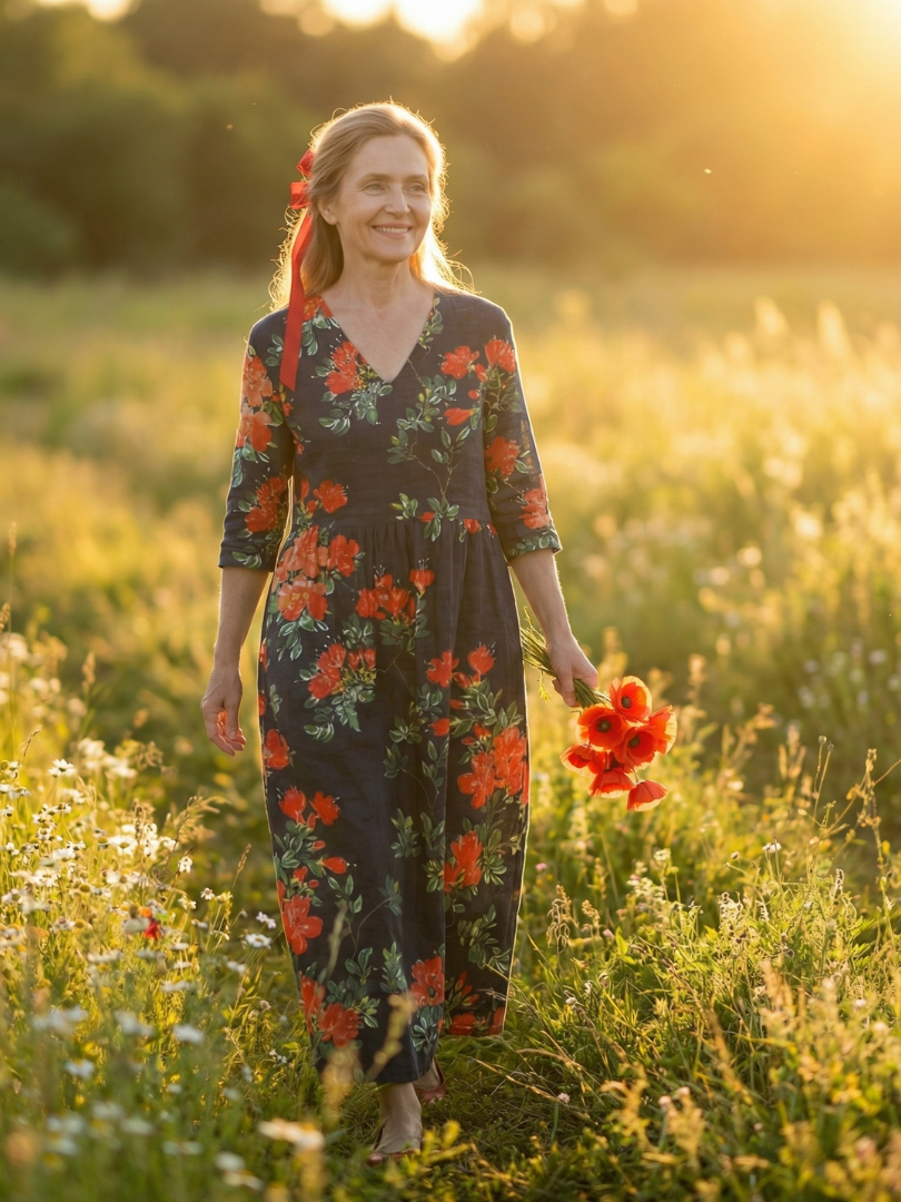 Cyrus | Vestido Midi Floral com Drapeado Suave