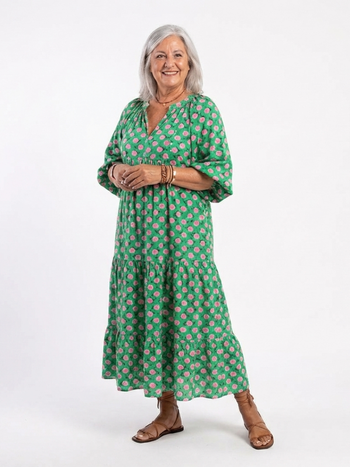 Fiora | Vestido Midi com Decote V, Estampa Floral e Camadas