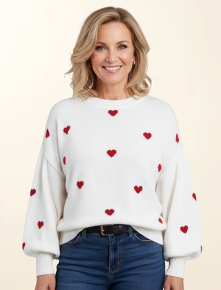 Maya | Women's Heart Print Sweater, Soft Warm Loose Fit Knit Pullover for Cold Days