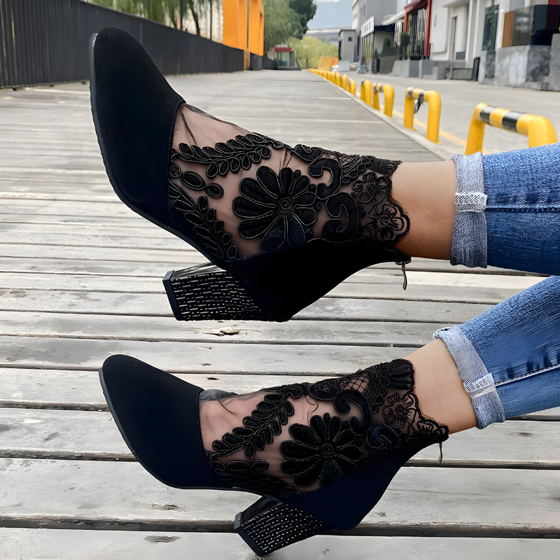 Mila | Elegant Lace Block Heel Ankle Boots