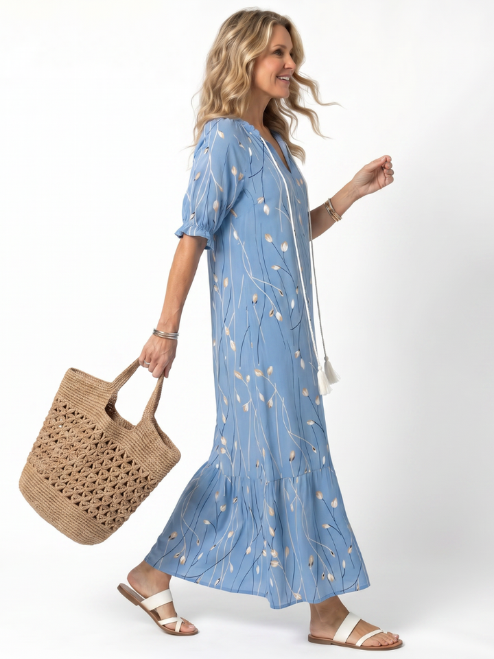 Alora | Vestido Midi com Estampa Floral e Amarração com Tassel