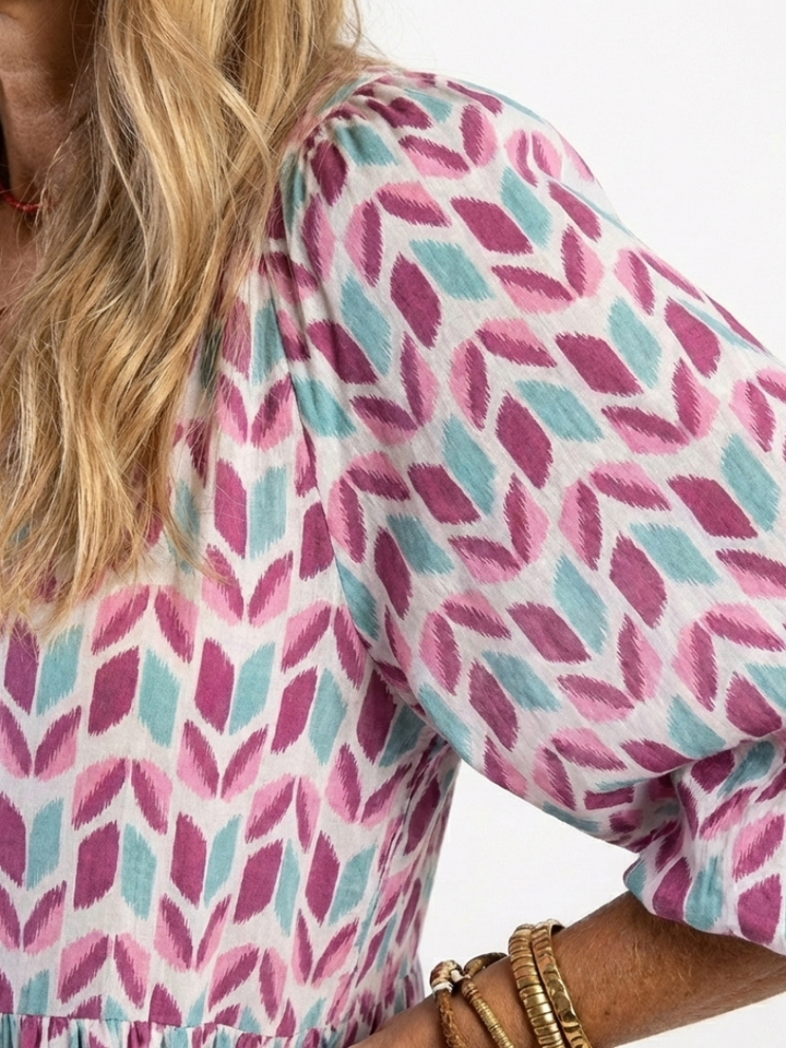 Mireya | Vestido Midi de Manga Longa com Estampa Geométrica e Camadas