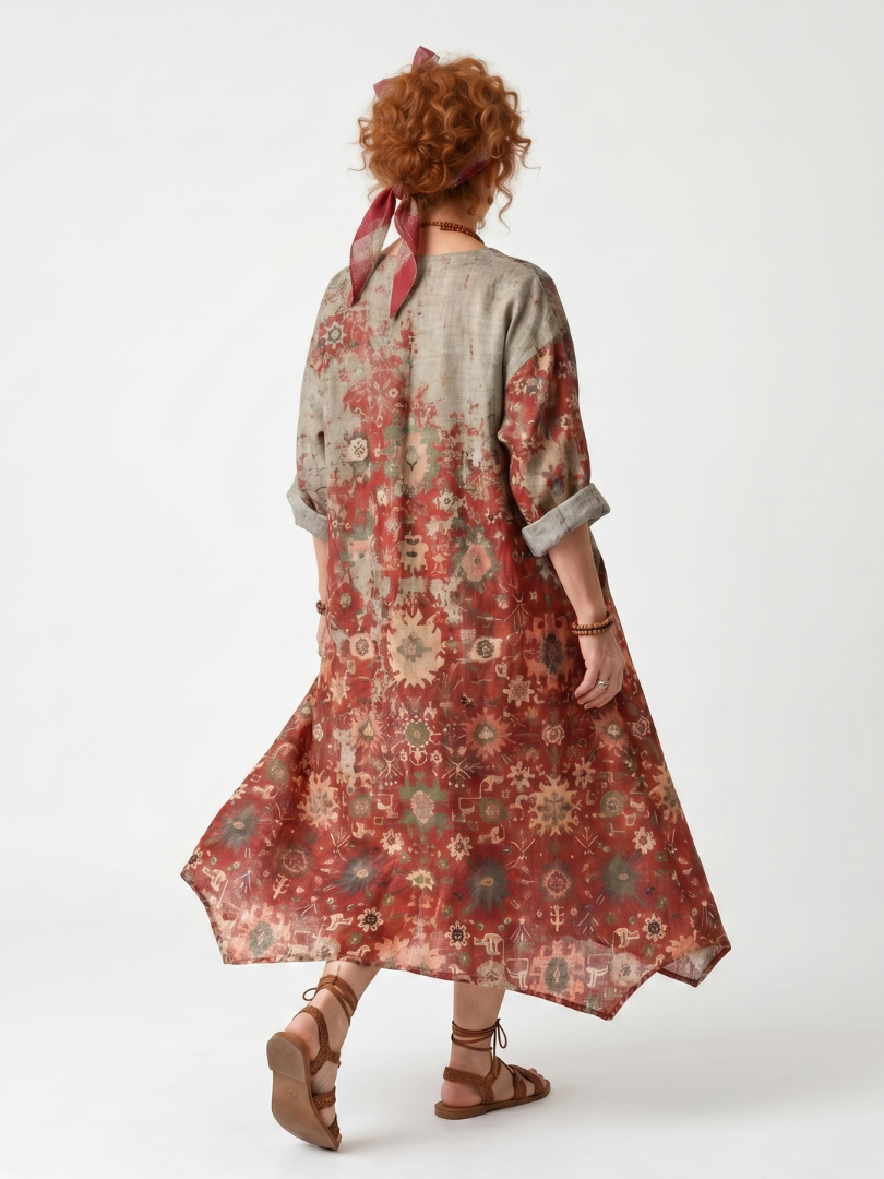 Saffron | Vestido Midi com Padrão Misto e Bolso Relaxado