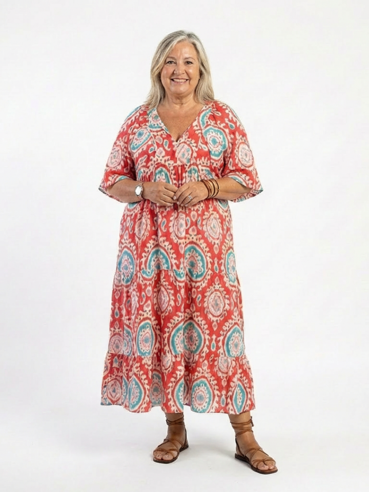 Zaria | Vestido Midi com Decote V, Manga Curta e Estampa Paisley