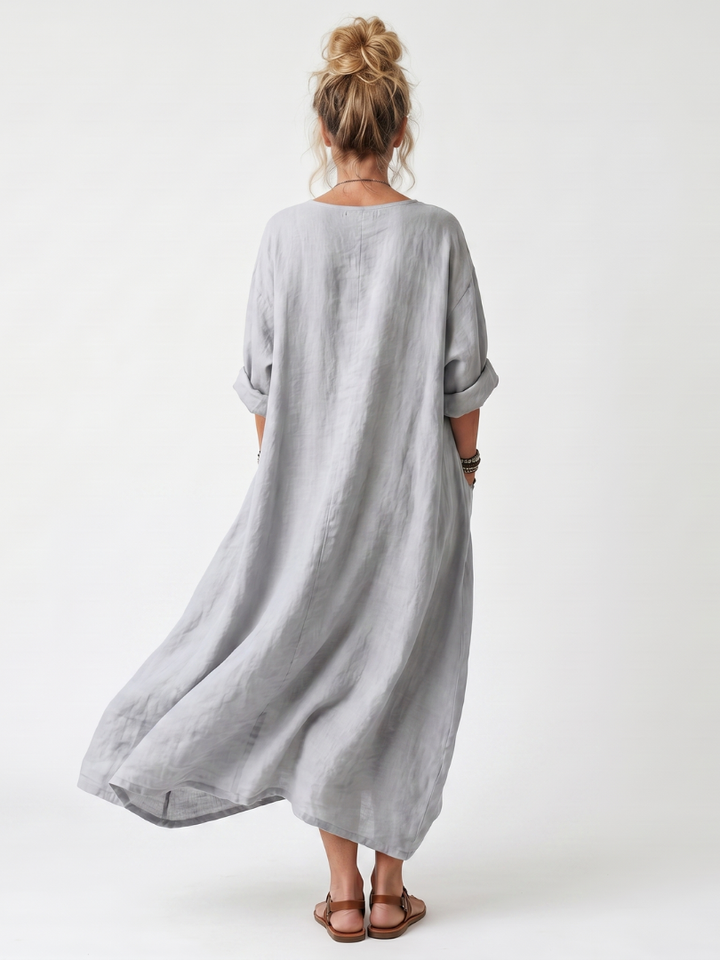 Raina | Vestido Midi com Painel Contrastante, Bordado e Bolso Oversized