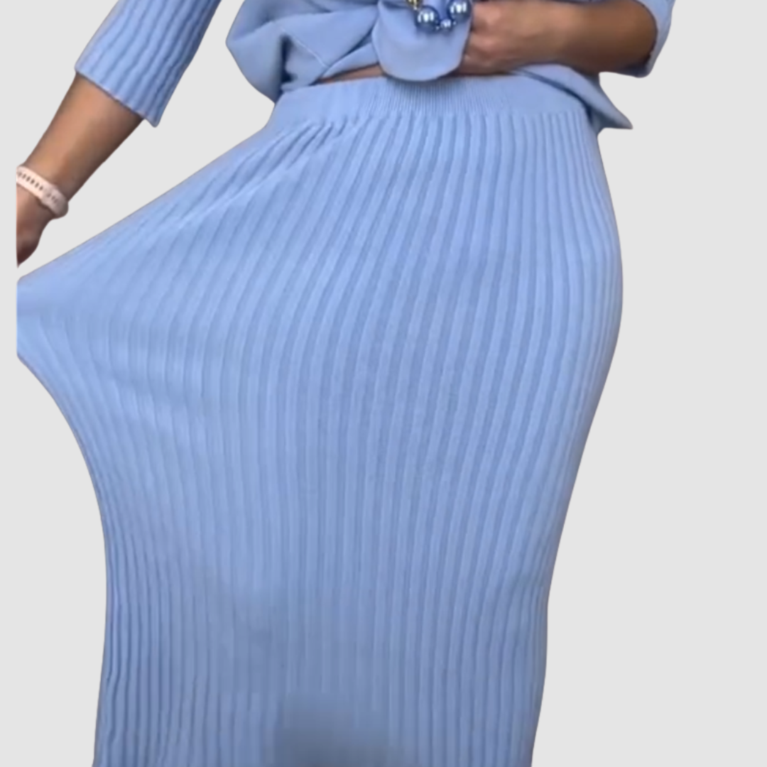 Conjunto Elegante Delyssa 2 Peças | Blusa Solta e Saia Midi Canelada
