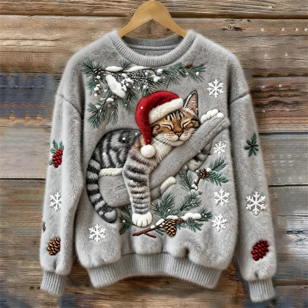 Olivia | Cat Print Christmas Sweater Women