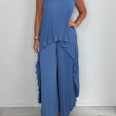 Sherry | Women's Pleated Two-Piece Set, Midi Top and Wide-Leg Pants Outfit