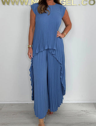 Sherry | Women's Pleated Two-Piece Set, Midi Top and Wide-Leg Pants Outfit