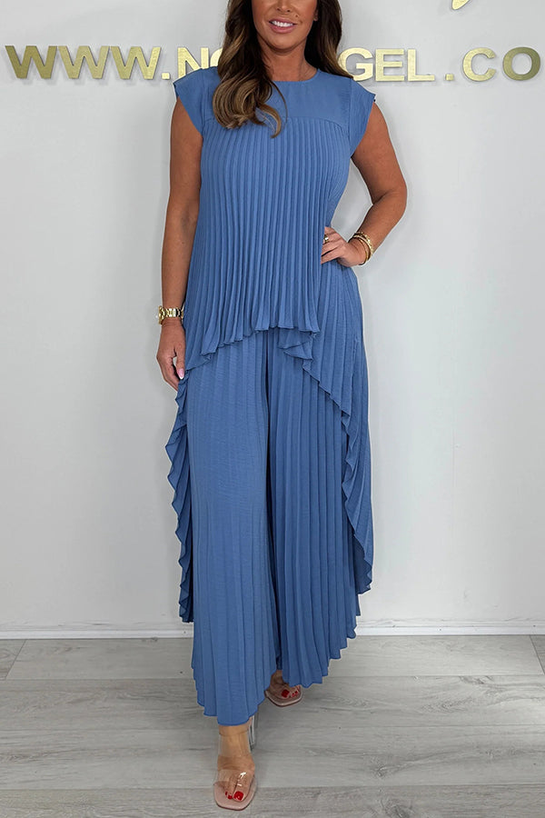 Sherry | Women's Pleated Two-Piece Set, Midi Top and Wide-Leg Pants Outfit
