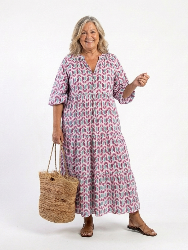 Mireya | Vestido Midi de Manga Longa com Estampa Geométrica e Camadas