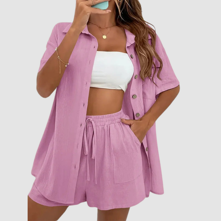 Conjunto Elegante de Verão Frances | Blusa com Botões de Manga Curta e Shorts com Cordão