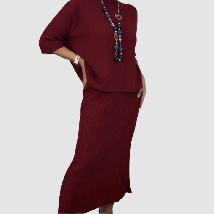 Conjunto Elegante Delyssa 2 Peças | Blusa Solta e Saia Midi Canelada