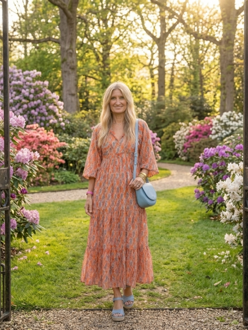 Amara | Vestido Midi com Decote V, Estampa Geométrica e Camadas
