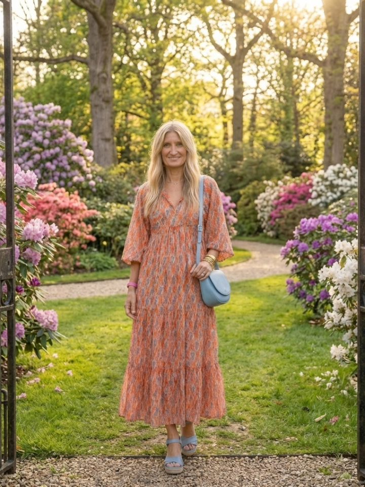 Amara | Vestido Midi com Decote V, Estampa Geométrica e Camadas