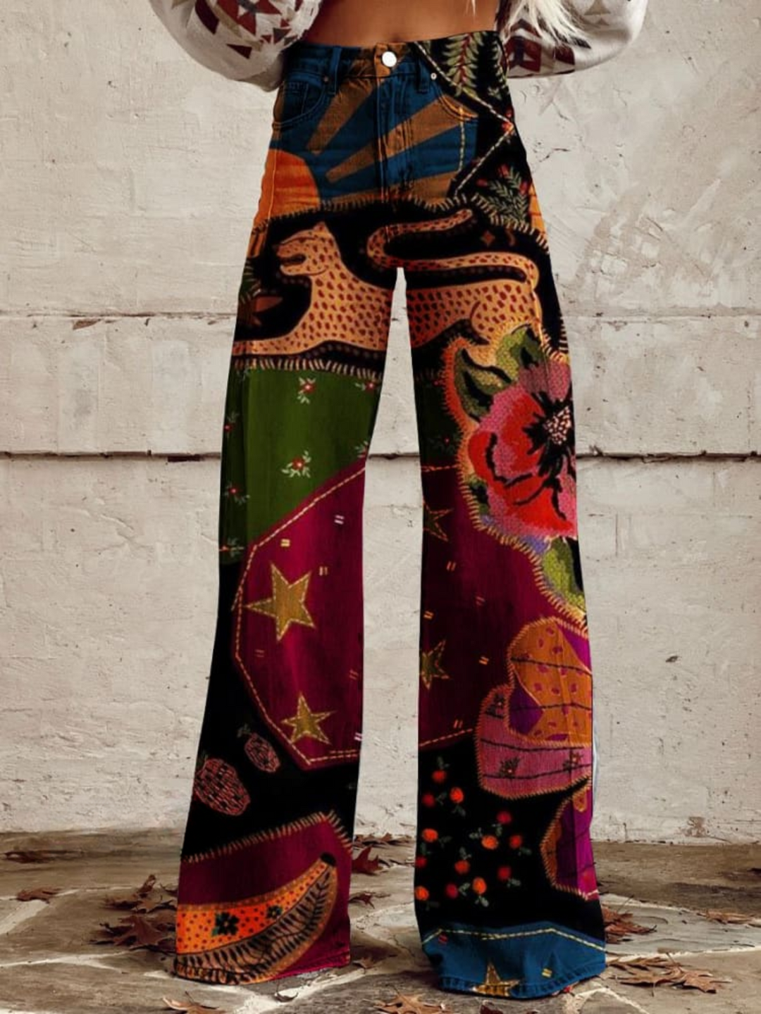Olivia - Calça Pantalona Estampada Colorida Vintage