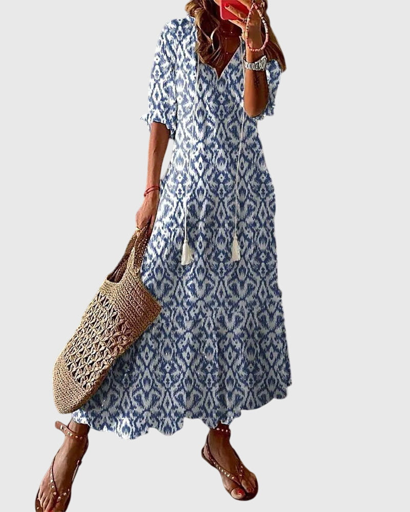 Amalia | Women's Boho Vintage Summer Dress, V-Neck Lightweight Dress for Hot Days