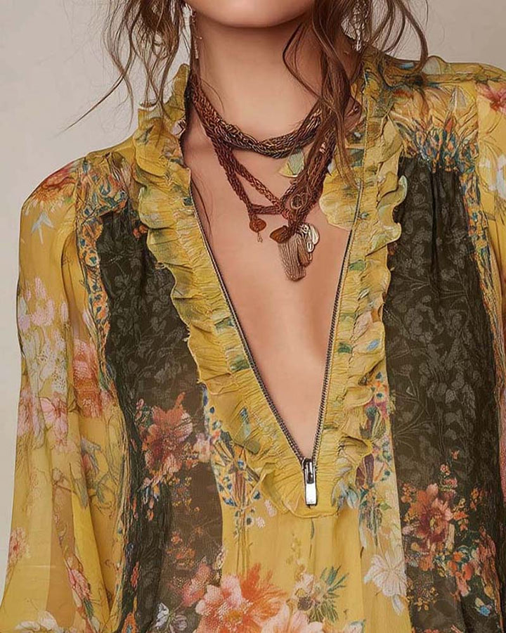 Blusa com Estampa Floral e Meio Zíper