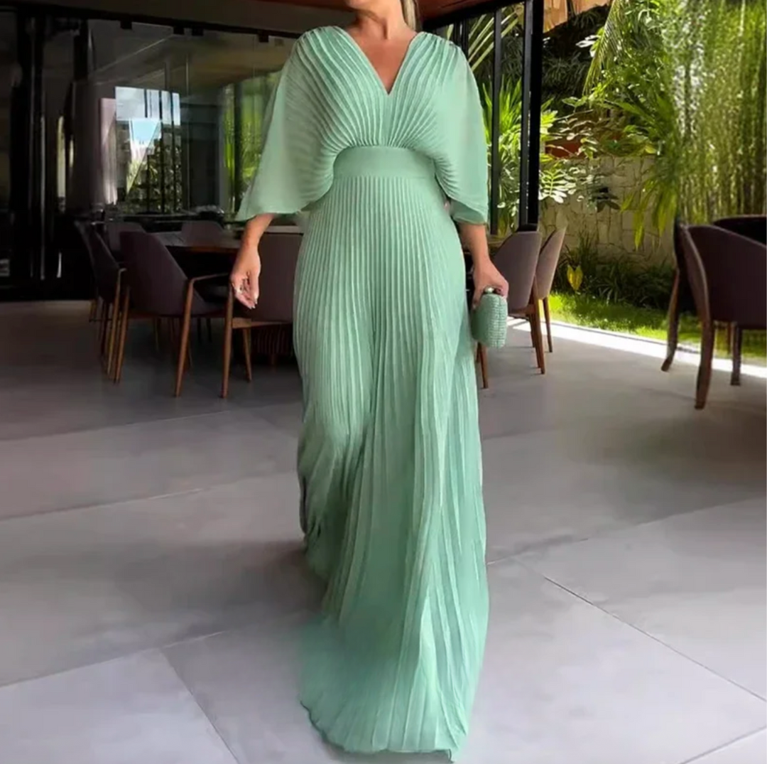 Greta | Vestido Maxi Plissado Flow – Onde a Leveza Encontra a Elegância