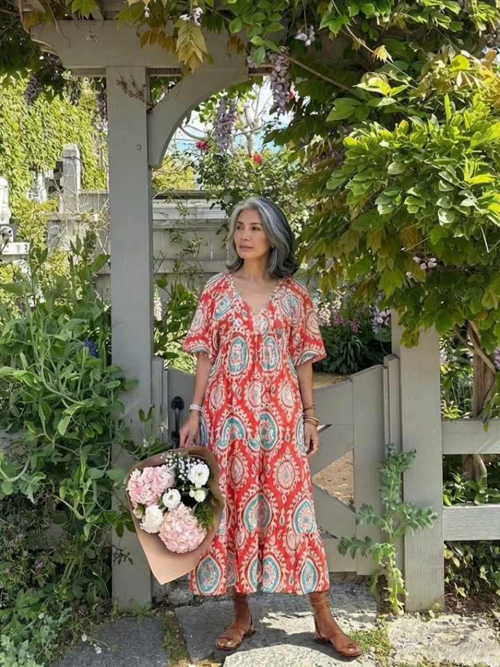 Zaria | Vestido Midi com Decote V, Manga Curta e Estampa Paisley