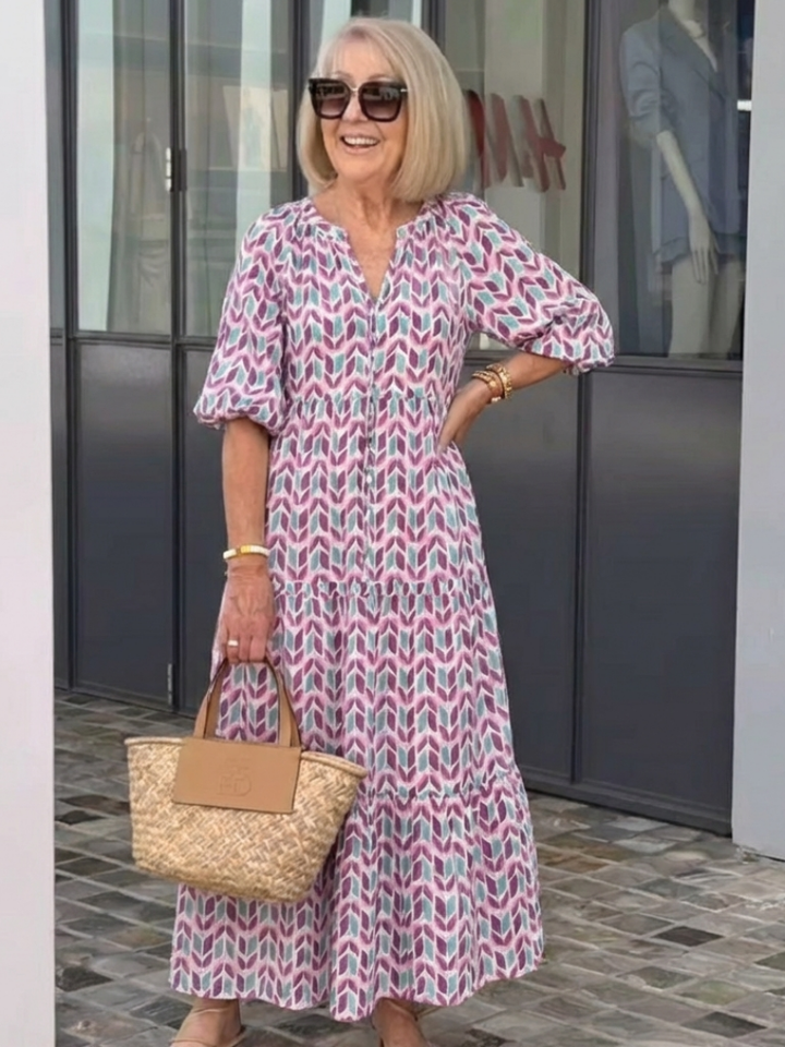 Mireya | Vestido Midi de Manga Longa com Estampa Geométrica e Camadas