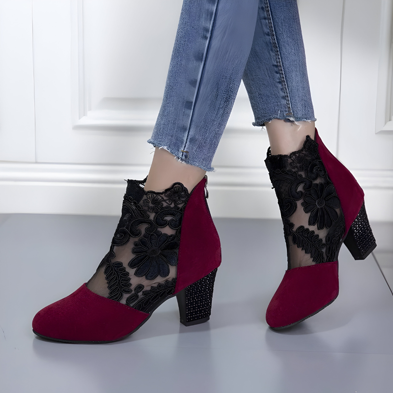 Mila | Elegant Lace Block Heel Ankle Boots
