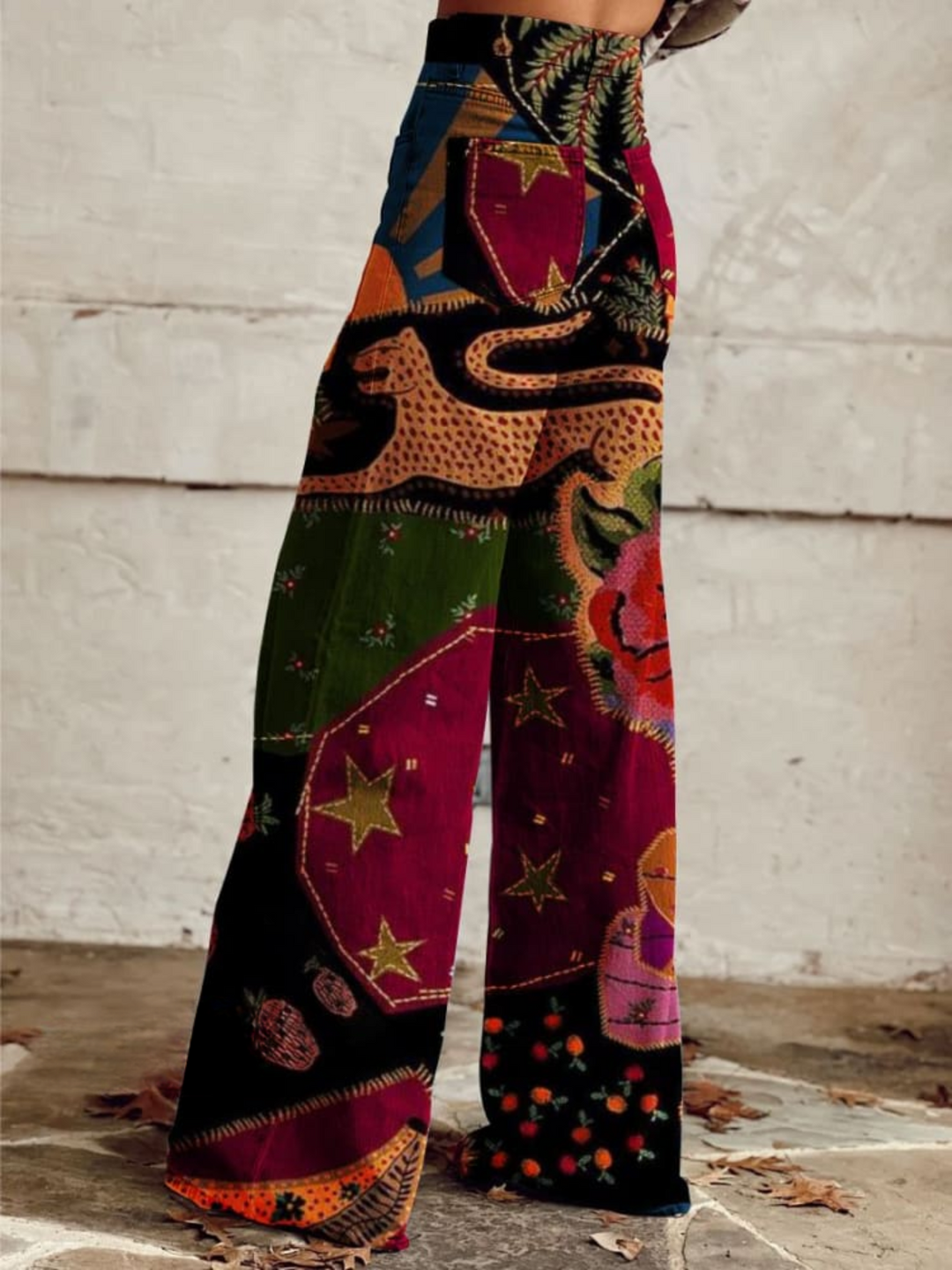 Olivia - Calça Pantalona Estampada Colorida Vintage