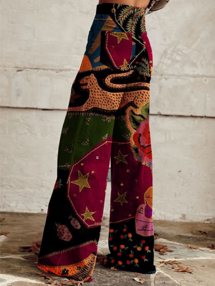 Olivia - Calça Pantalona Estampada Colorida Vintage