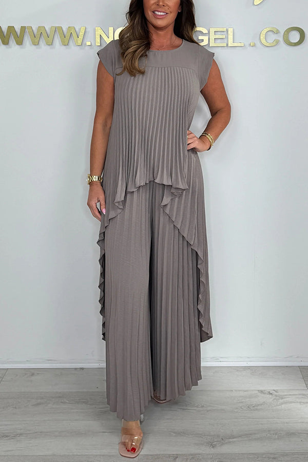 Conjunto Sherry com Blusa Midi Plissada e Calça Pantalona | Conjunto Elegante de Duas Peças