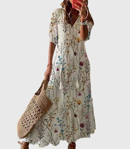 Amalia | Women's Boho Vintage Summer Dress, V-Neck Lightweight Dress for Hot Days
