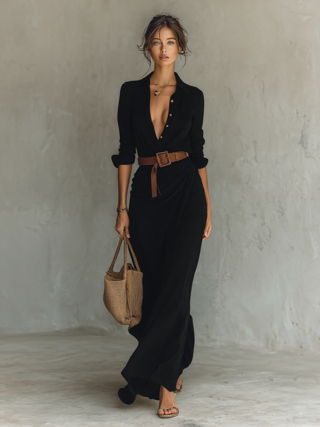 Vestido Maxi com Lapela, Abotoamento Simples, Manga Longa e Cinto