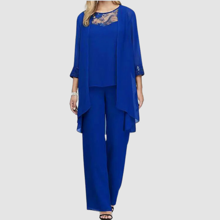 Conjunto Elegante Iva de Três Peças | Blusa, Jaqueta e Calças Coordenadas