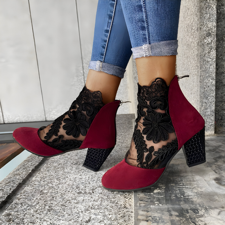 Mila | Elegant Lace Block Heel Ankle Boots