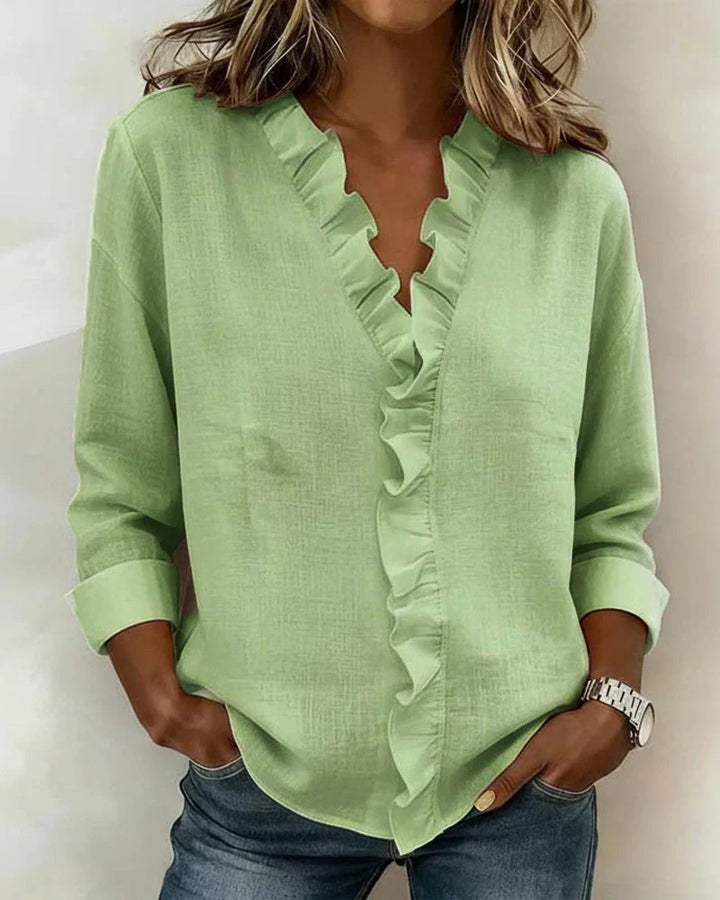 Susan | Blusa con Volantes, Escote en V y Mangas Largas