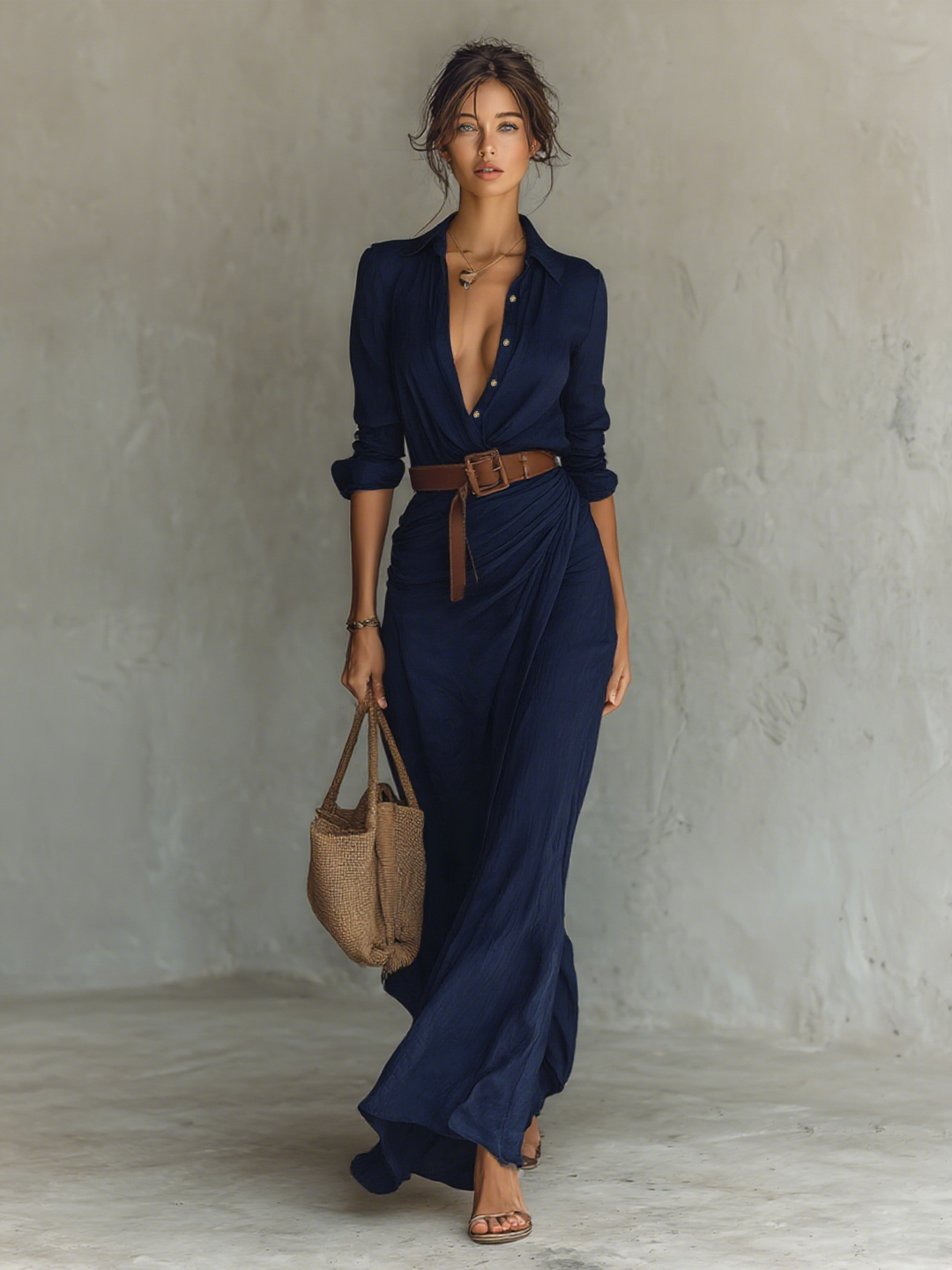 Vestido Maxi com Lapela, Abotoamento Simples, Manga Longa e Cinto