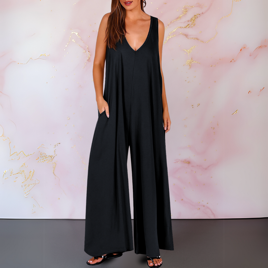 Nella | Women's Sleeveless V-Neck Jumpsuit, Relaxed Wide-Leg Casual Jumpsuit