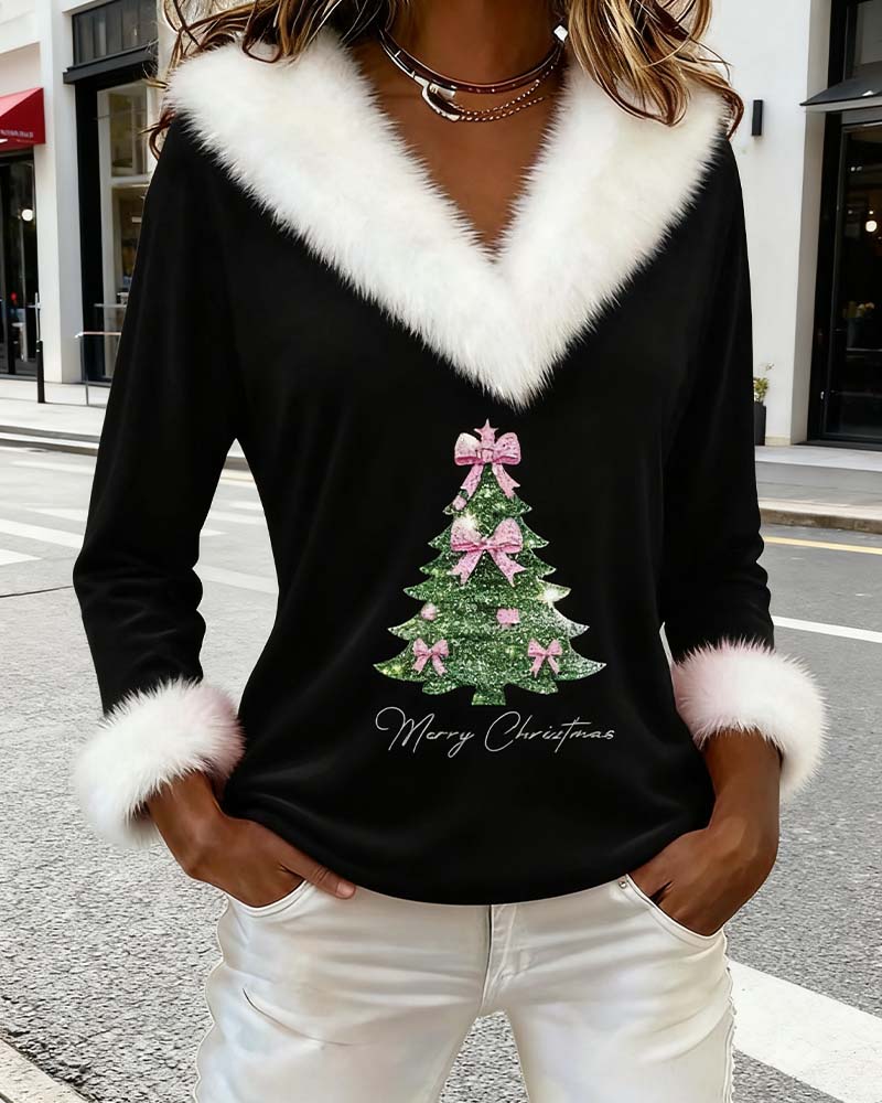 Holly | Festive Tree Print V-Neck Holiday Top