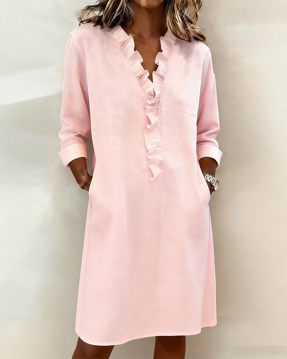 Vestido de Cor Sólida com Decote em V e Babados