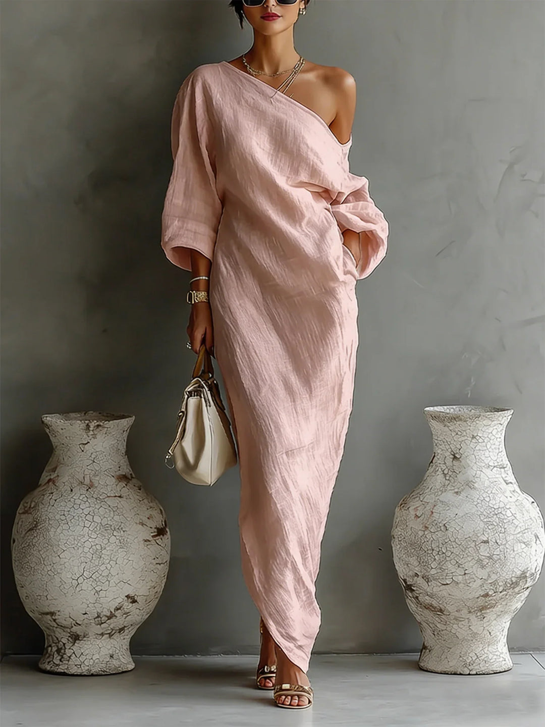 LINEN BALLOON SLEEVE MAXI DRESS