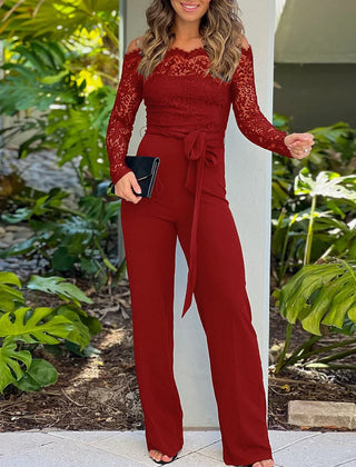 Michelle | Women's Lace Trim Jumpsuit, Flowing Leg Evening Jumpsuit for Celebrations