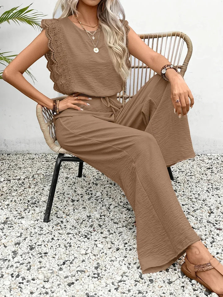 Conjunto Elegante Zella de Duas Peças | Blusa com Renda e Calça Pantalona