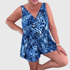 Dahlia | Women's Sleeveless Swim Dress with Built-In Swimsuit, V-Neck Printed Swimwear