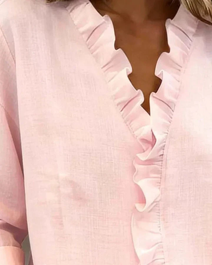 Susan | Blusa con Volantes, Escote en V y Mangas Largas
